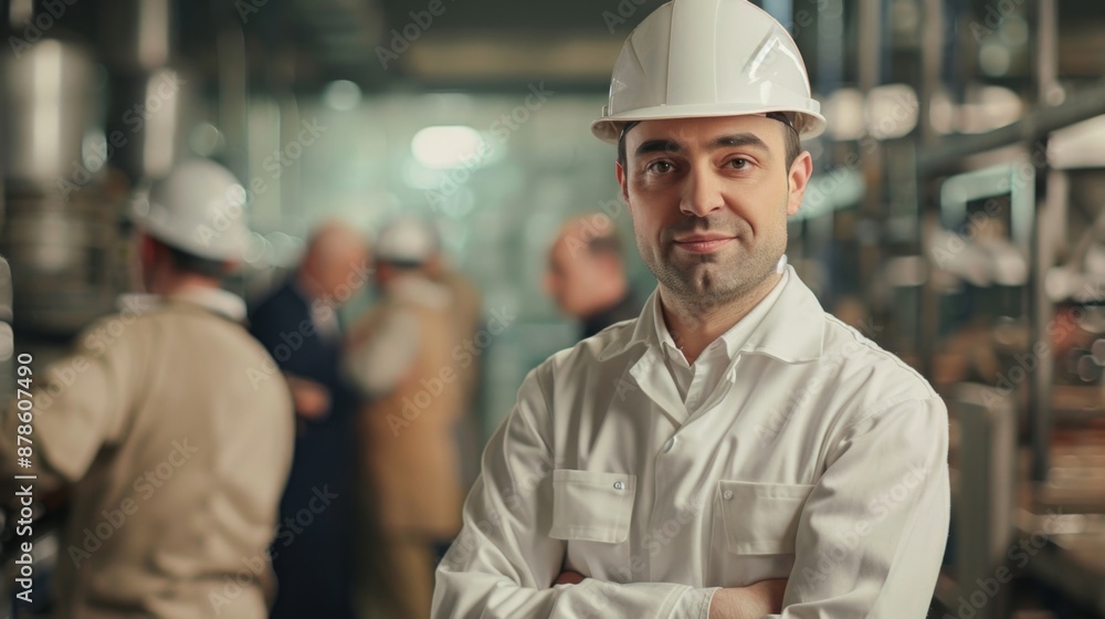 Portrait of a confident worker in a factory wearing hard hat with business people in background Portrait of a confident worker in a factory wearing hard hat with business people in background