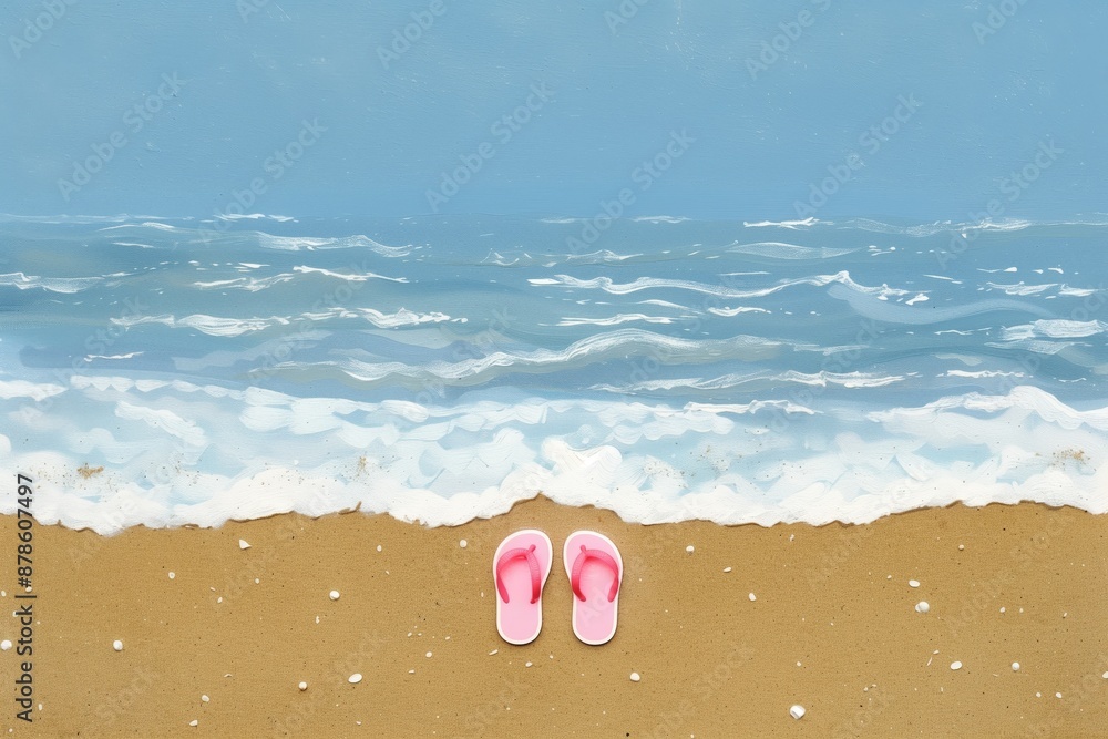 A pair of pink flip flops are on the beach A pair of pink flip flops are on the beach