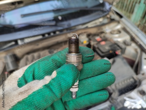 Wallpaper Mural Mechanic holds a car spark plug with oil deposits in his gloved hand Torontodigital.ca