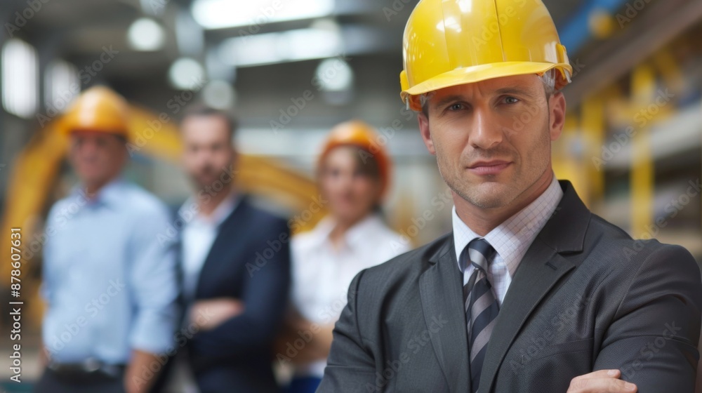 Portrait of a confident worker in a factory wearing hard hat with business people in background Portrait of a confident worker in a factory wearing hard hat with business people in background
