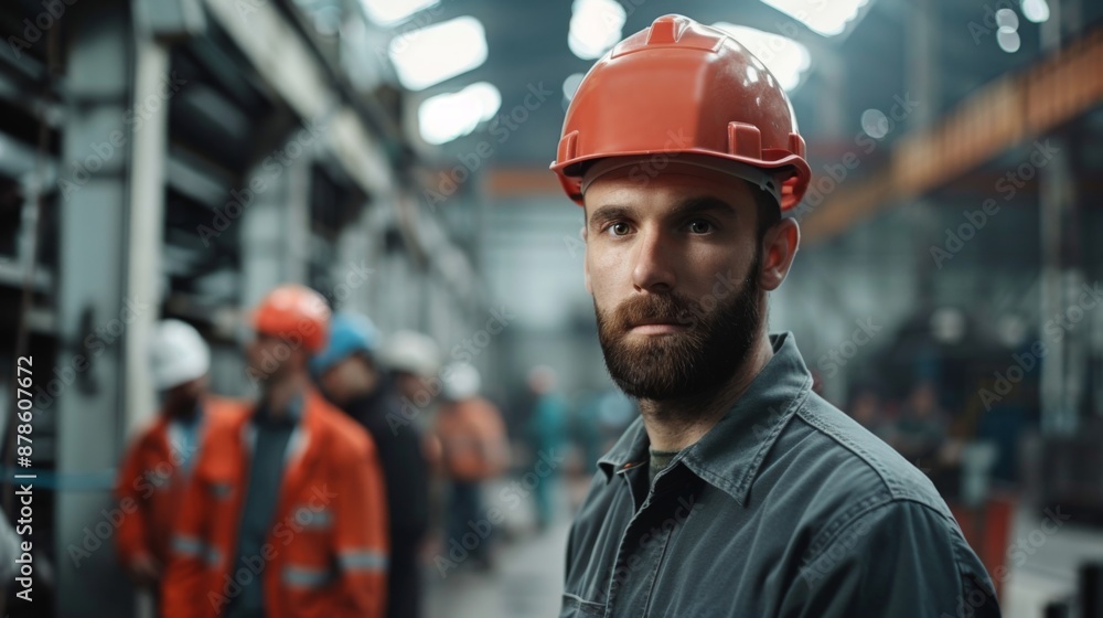 Portrait of a confident worker in a factory wearing hard hat with business people in background Portrait of a confident worker in a factory wearing hard hat with business people in background