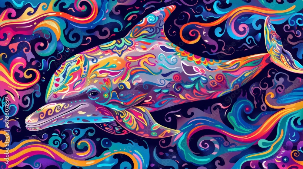 A colorful, psychedelic illustration of a whale A colorful, psychedelic illustration of a whale