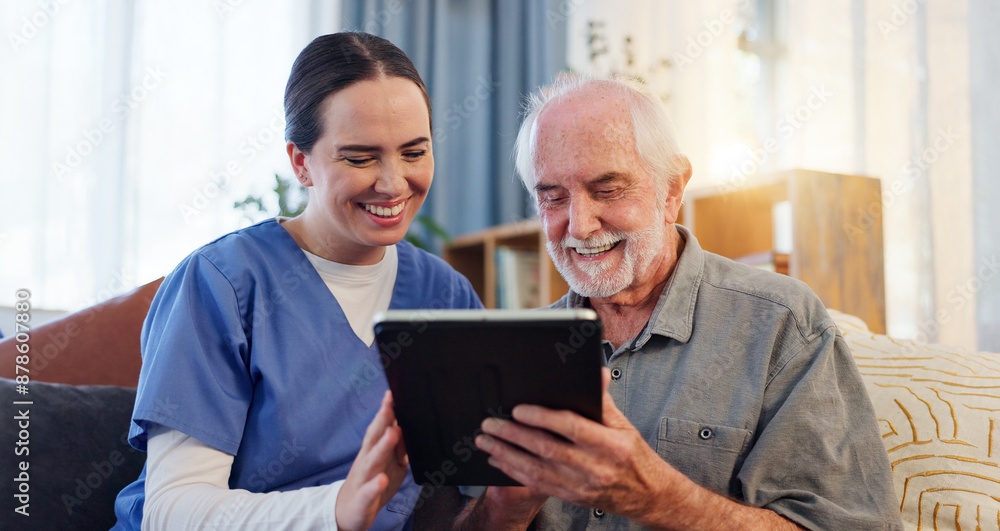 Happy, nurse and elderly man with tablet on sofa for results and health or home consultation. Smile, caregiver and technology in living room for retirement, internet or online app for medical support Happy, nurse and elderly man with tablet on sofa for results and health or home consultation. Smile, caregiver and technology in living room for retirement, internet or online app for medical support