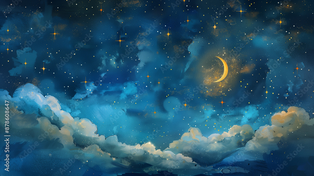 Artistic Starry Night Sky with Twinkling Stars and a Crescent Moon Artistic Starry Night Sky with Twinkling Stars and a Crescent Moon