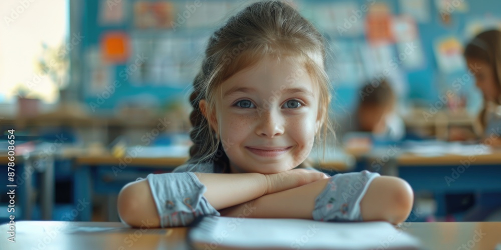 A young student sitting at a desk in a traditional classroom setting, ideal for educational or office use A young student sitting at a desk in a traditional classroom setting, ideal for educational or office use