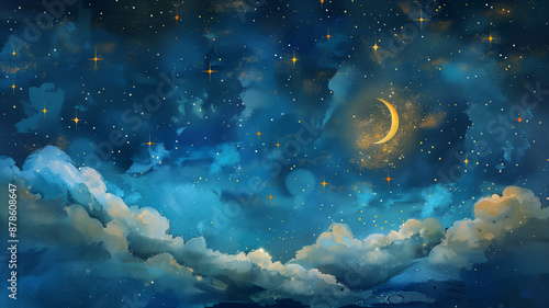 Artistic Starry Night Sky with Twinkling Stars and a Crescent Moon