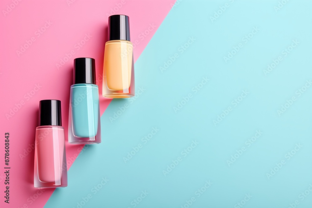 Three bottles of nail polish are lined up on a pink and blue background