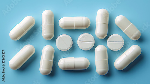 White Capsules and Tablets: Clean Pharmaceutical Medication Close-Up