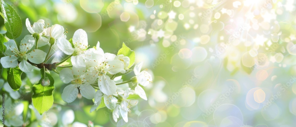 Spring background with white blossoms and sunbeams. Bright spring background apple orchard Spring background with white blossoms and sunbeams. Bright spring background apple orchard