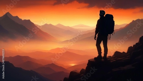 silhouette of a man with a backpack at the top of a rocky mountain, dramatic sunset 