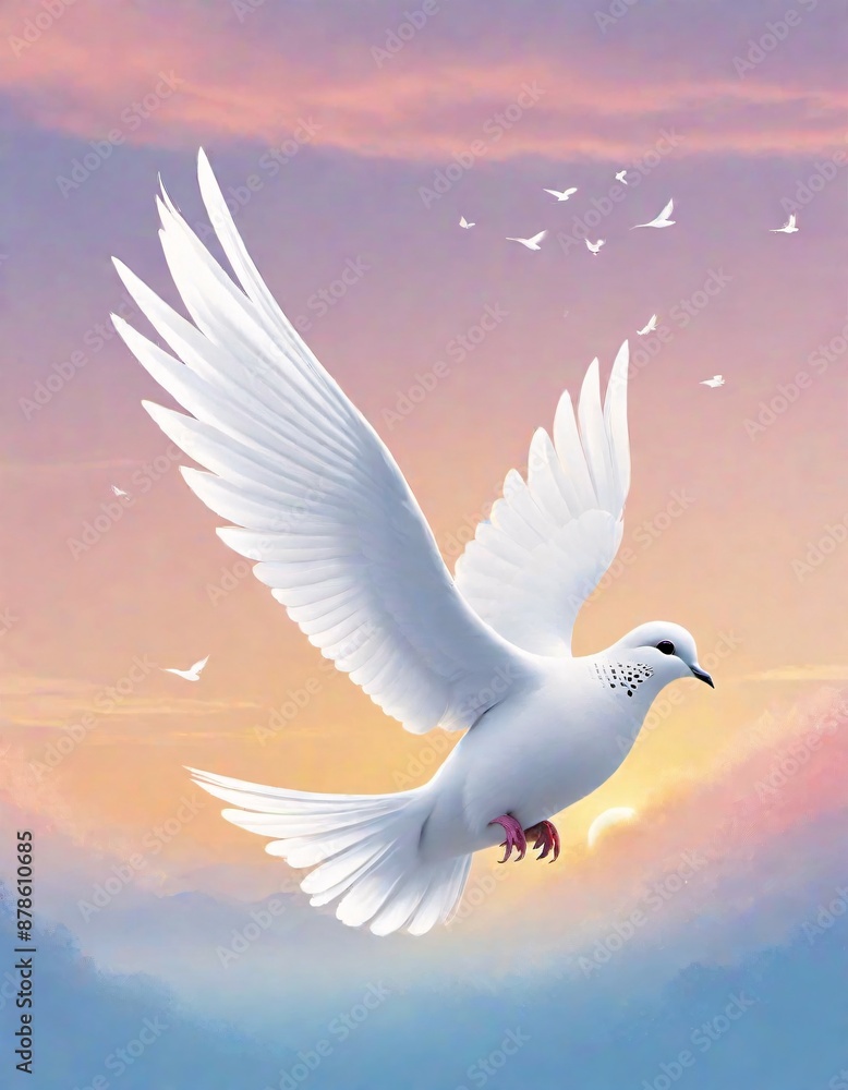 Obraz premium White dove mid flight, with its wings fully spread, contrasting beautifully against the cloudy sky in the background, symbolizing peace, Generative AI.