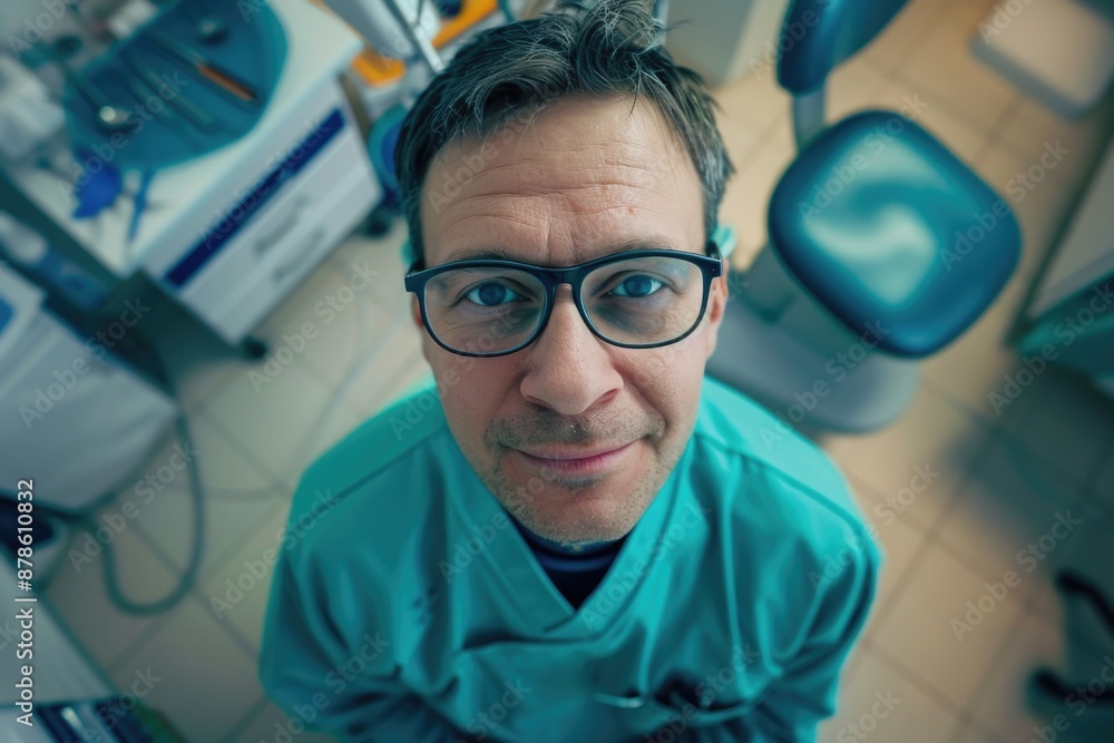 A man wearing glasses and a blue scrub suit A man wearing glasses and a blue scrub suit