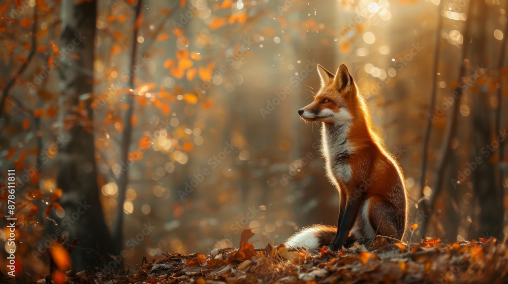 Fox in the autumn forest, the sun's rays gently shine through the trees. Beautiful card with space for congratulatory text. Fox in the autumn forest, the sun's rays gently shine through the trees. Beautiful card with space for congratulatory text.