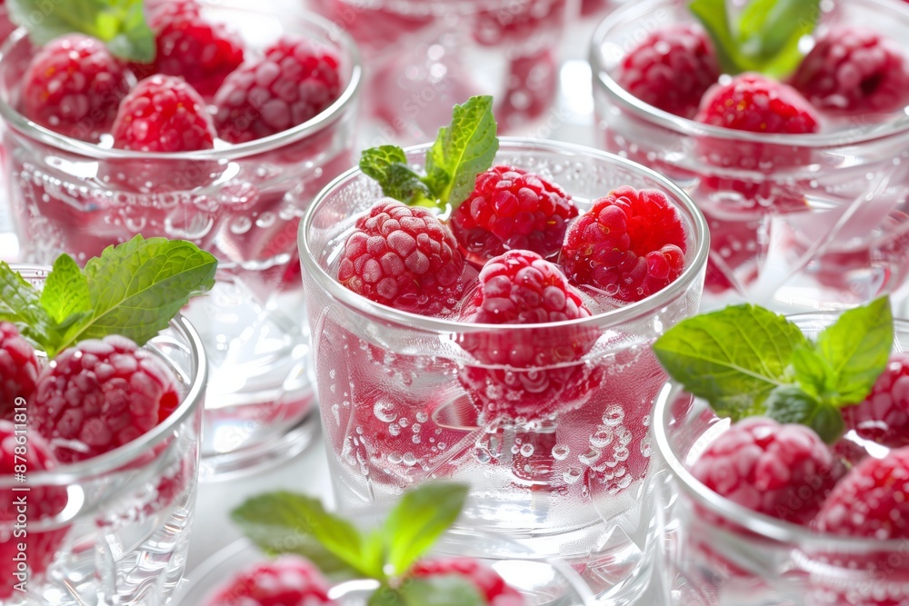 A bunch of raspberries are in a glass with a green leaf on top A bunch of raspberries are in a glass with a green leaf on top