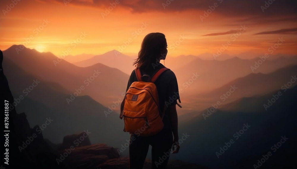 silhouette of a woman with a backpack at the top of a rocky mountain and watching the mountain layer
silhouette of a woman with a backpack at the top of a rocky mountain and watching the mountain layer