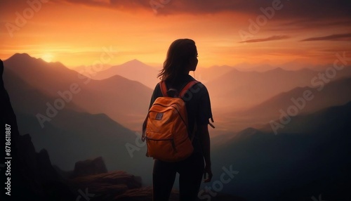 silhouette of a woman with a backpack at the top of a rocky mountain and watching the mountain layer  © abu