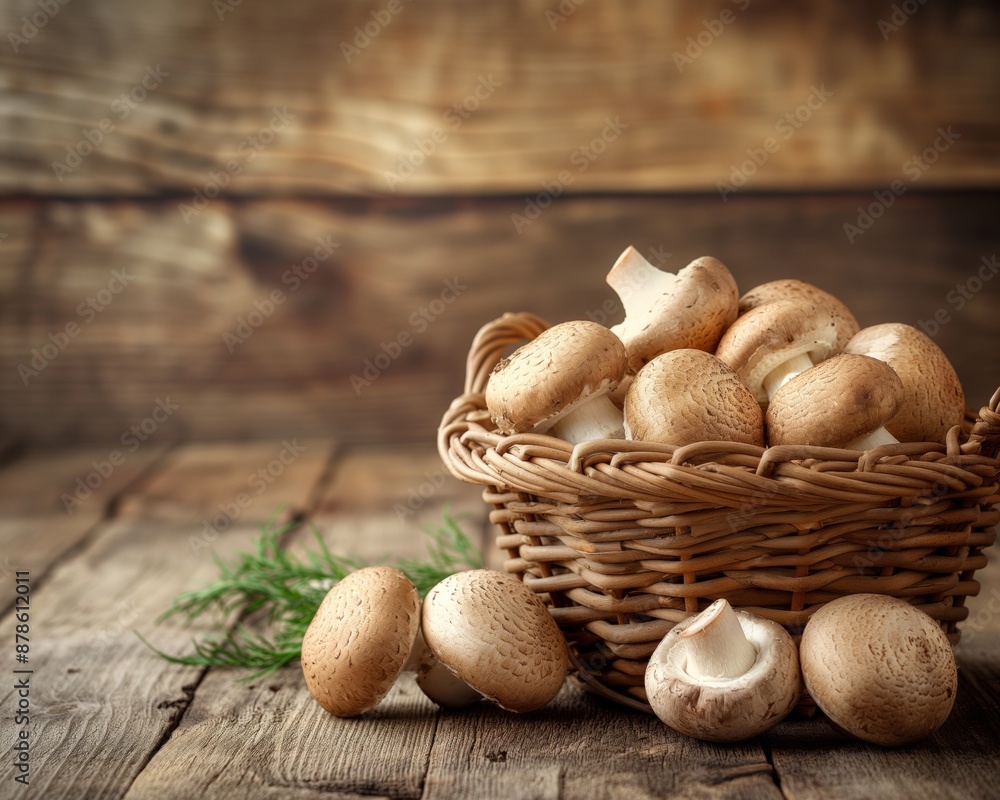 Fresh champignons mushroom in a natural basket on a wooden table background Fresh champignons mushroom in a natural basket on a wooden table background
