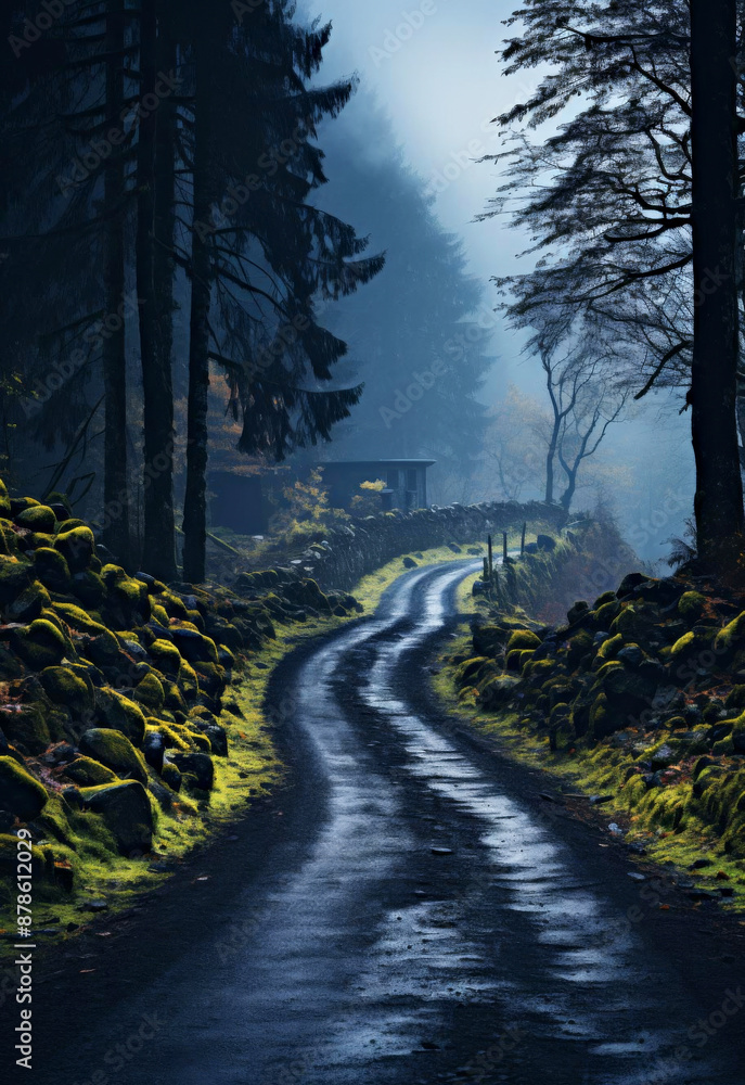Misty Forest Road in Early Morning Light with Mossy Stone Walls and Tall Evergreen Trees Misty Forest Road in Early Morning Light with Mossy Stone Walls and Tall Evergreen Trees