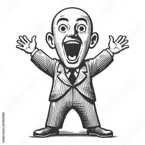ecstatic bald man in a suit with arms raised and wide open mouth, displaying joy sketch engraving generative ai fictional character vector illustration. Scratch board imitation. Black and white image