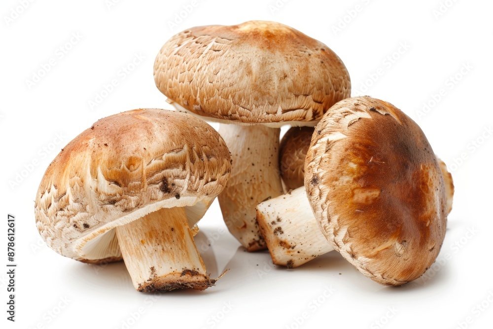 A close-up image showing fresh, earthy mushrooms against a white background. Ideal for culinary and healthy lifestyle concepts. Generated AI A close-up image showing fresh, earthy mushrooms against a white background. Ideal for culinary and healthy lifestyle concepts. Generated AI