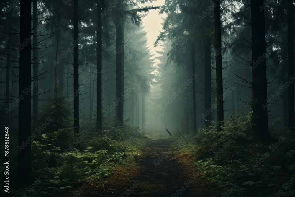 Fototapeta premium Emerald Shadows Foggy Forest in Dark Gothic Style.jpeg