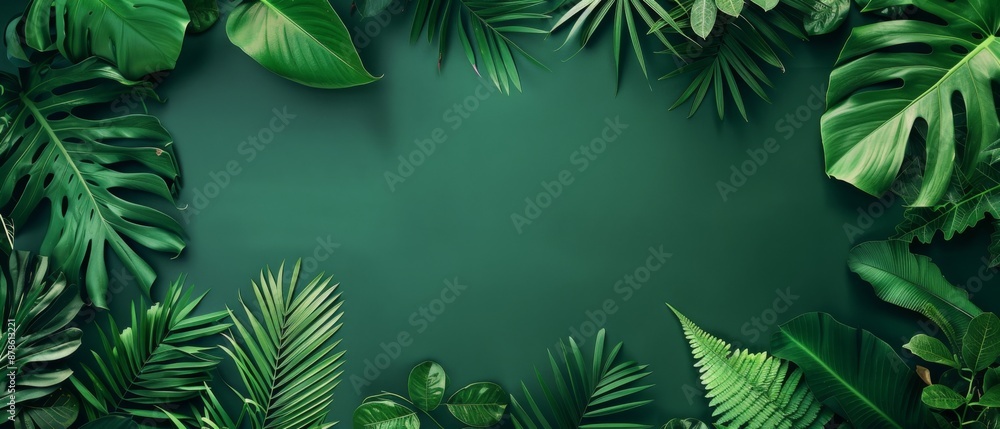 Tropical leaf frame on green background with copy space. Flat lay. Top view. Summer or spring nature concept Tropical leaf frame on green background with copy space. Flat lay. Top view. Summer or spring nature concept