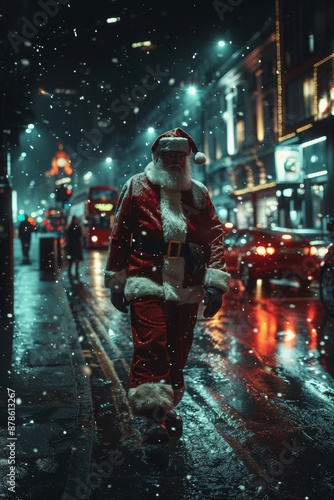 Santa Claus is walking in a city street on a snowy winter night