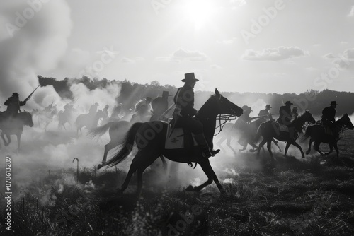 Civil War reenactment cavalry charge in dusty field.