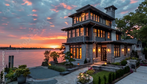 Unique suburban Richardsonian Romanesque home with a charcoal exterior, urban waterfront, sunset, photo