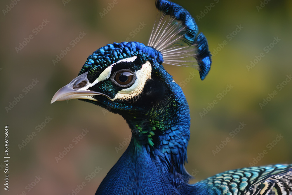 A detailed portrait of a peacock highlights its unique hues and natural beauty.