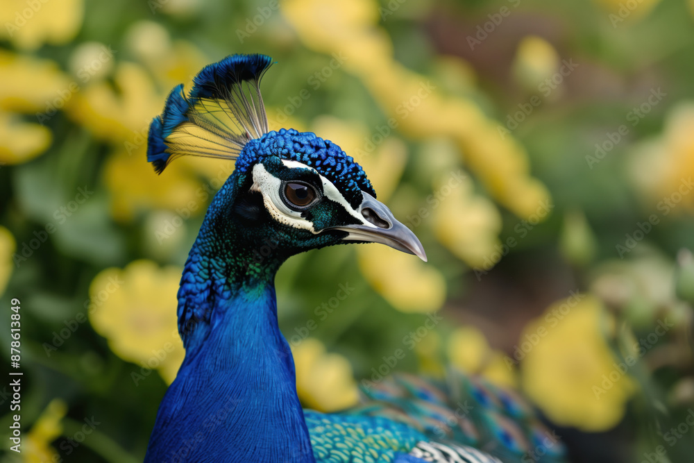 Portrait of a peacock against a background of yellow flowers Portrait of a peacock against a background of yellow flowers
