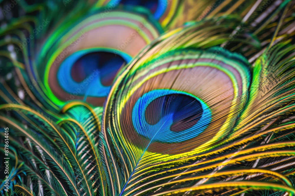 Obraz premium Close-up of two peacock feathers with rich colors and detailed patterns
