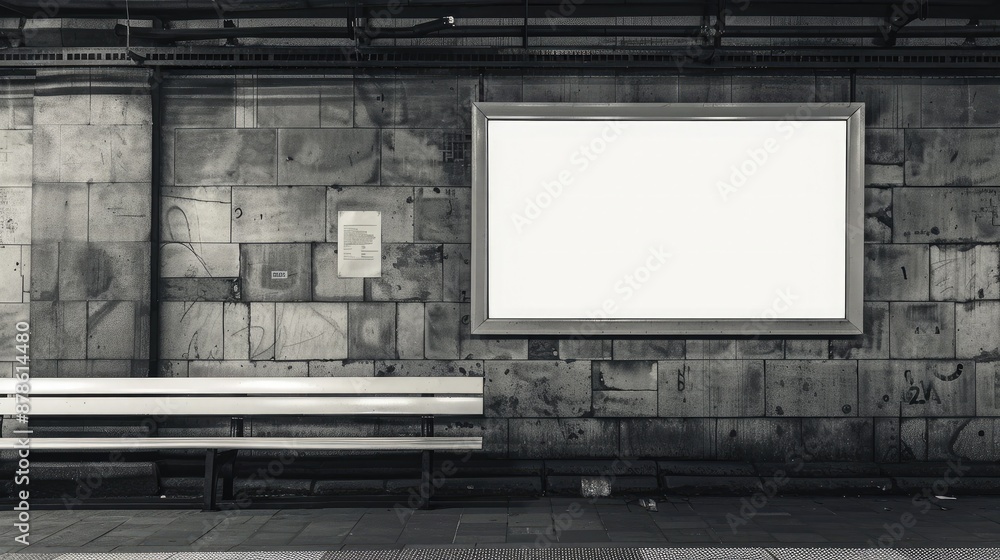 A blank poster screen hanging on a stone wall at a railway station, sketch style, monochrome, fine lines, detailed texture A blank poster screen hanging on a stone wall at a railway station, sketch style, monochrome, fine lines, detailed texture