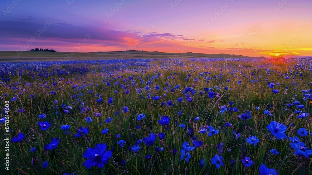 Naklejka premium A field of blue and purple flowers under the orange and purple sky of sunset, providing a peaceful and picturesque setting, where the grass and flowers blend into a tapestry of colors.