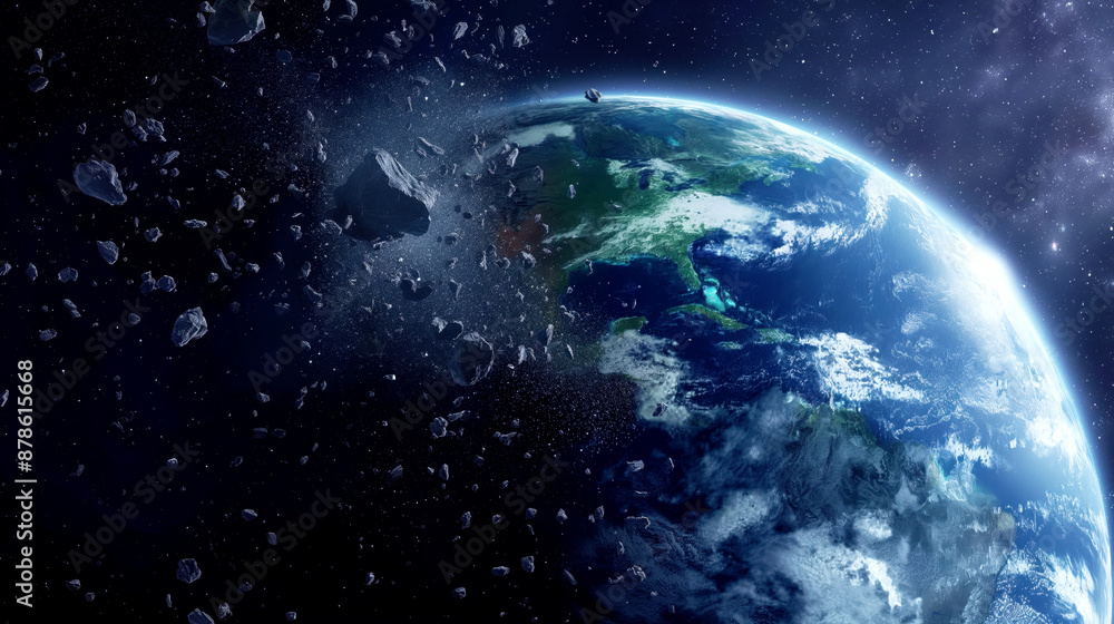 Obraz premium Stunning cosmic view of Earth surrounded by a field of asteroids in space with a starry background.