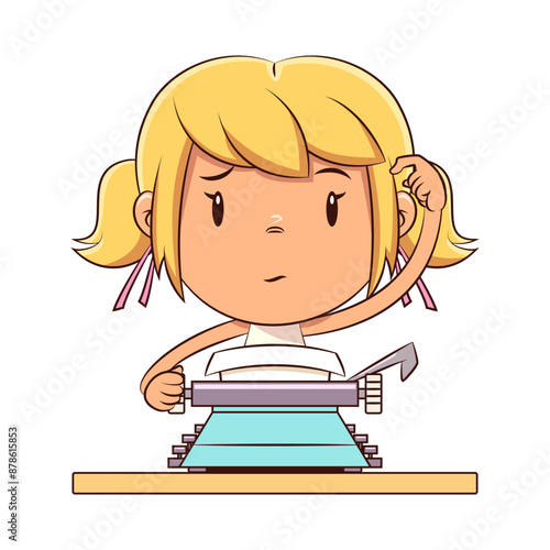 Girl writing on typewriter, confused, scratching head, thinking