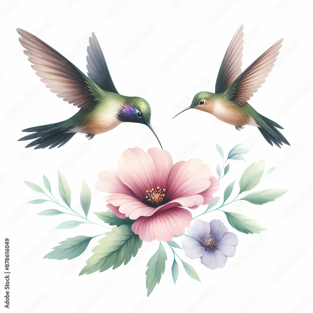 Obraz premium watercolor of hummingbird hovering over a flower on white background