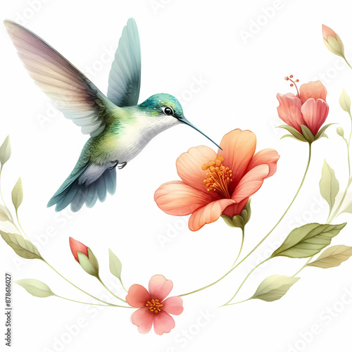 watercolor of hummingbird hovering over a flower on white background © XIAOBING