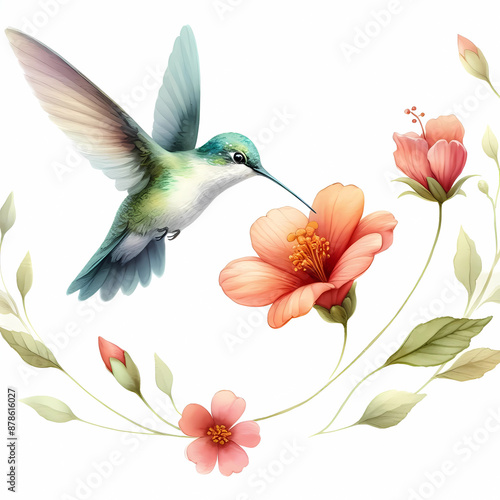 watercolor of hummingbird hovering over a flower on white background