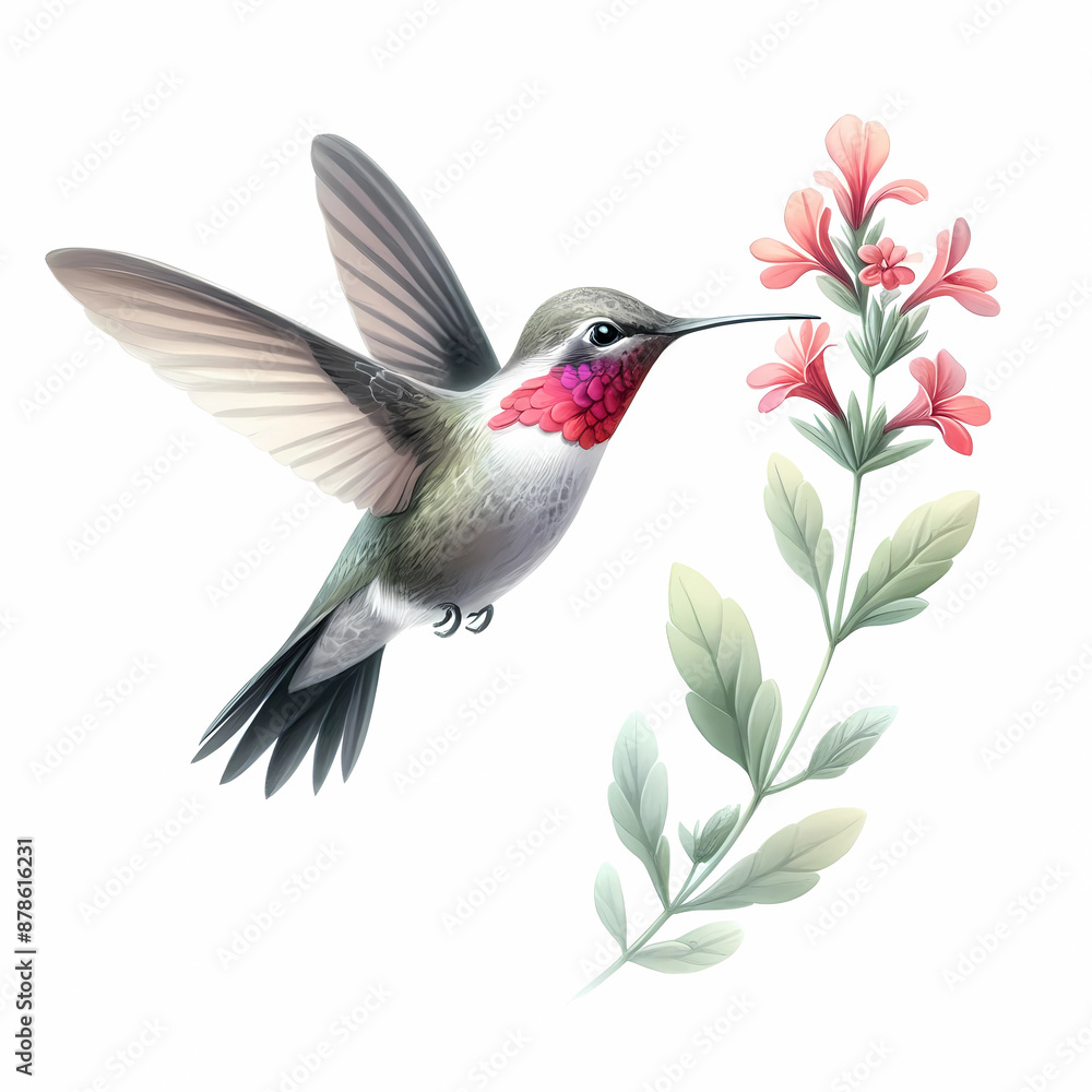 Naklejka premium watercolor of hummingbird hovering over a flower on white background