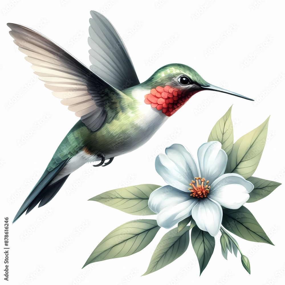 watercolor of hummingbird hovering over a flower on white background watercolor of hummingbird hovering over a flower on white background