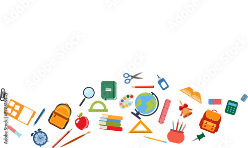 School supplies flat vector border. Back to school concept. Back to school background or frame with school supplies. Ruler, notebook, watercolor , crayons,backpack,pen, globe,book,pencil,brush,rubber.