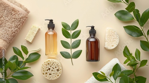 SPA organic natural cosmetic glass bottle containers with luffa sponge, solid soap, towel and green