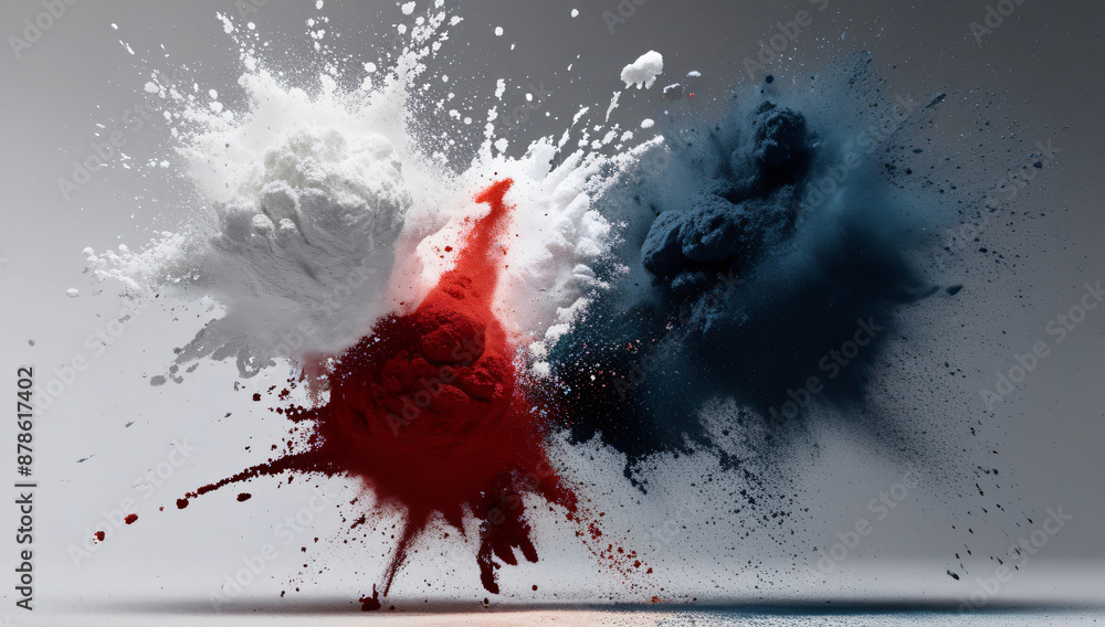 a dynamic and vibrant explosion of colorful powders, captured in mid-air against a neutral gray background a dynamic and vibrant explosion of colorful powders, captured in mid-air against a neutral gray background