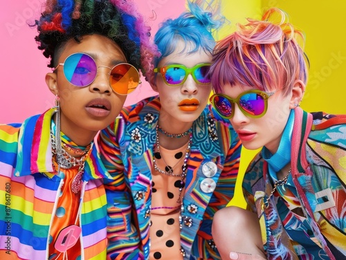 Group of young teen mix gender and ethnicity with colorful rainbow colors. people fashionable hair style, wearing round chrome vibrant reflect sunglasses, vivid patterned jacket.