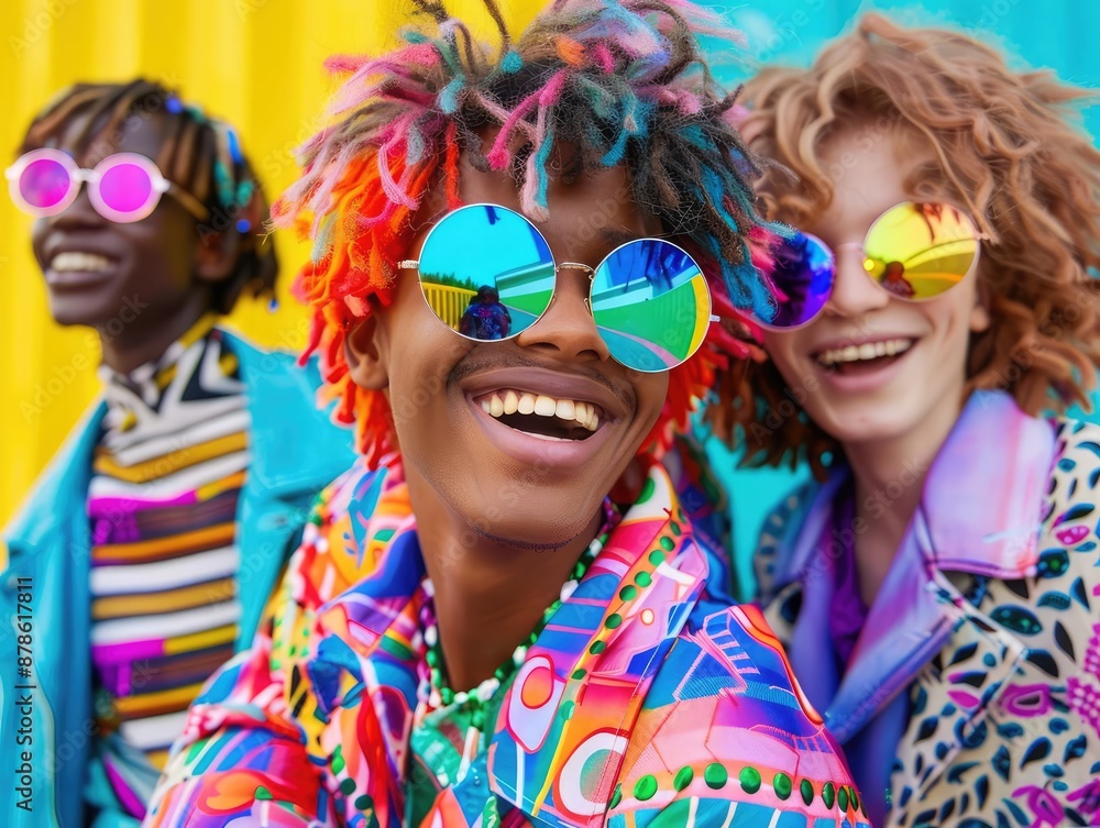 Group of young teen mix gender and ethnicity with colorful rainbow colors. people fashionable hair style, wearing round chrome vibrant reflect sunglasses, vivid patterned jacket. Group of young teen mix gender and ethnicity with colorful rainbow colors. people fashionable hair style, wearing round chrome vibrant reflect sunglasses, vivid patterned jacket.