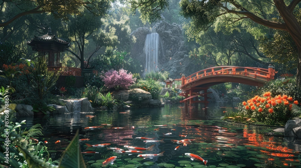 A serene garden with a Japanese-style bridge over a koi pond A serene garden with a Japanese-style bridge over a koi pond