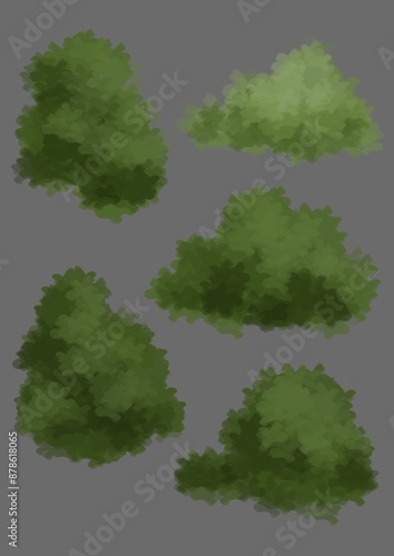 trees and bushes of different shapes and sizes