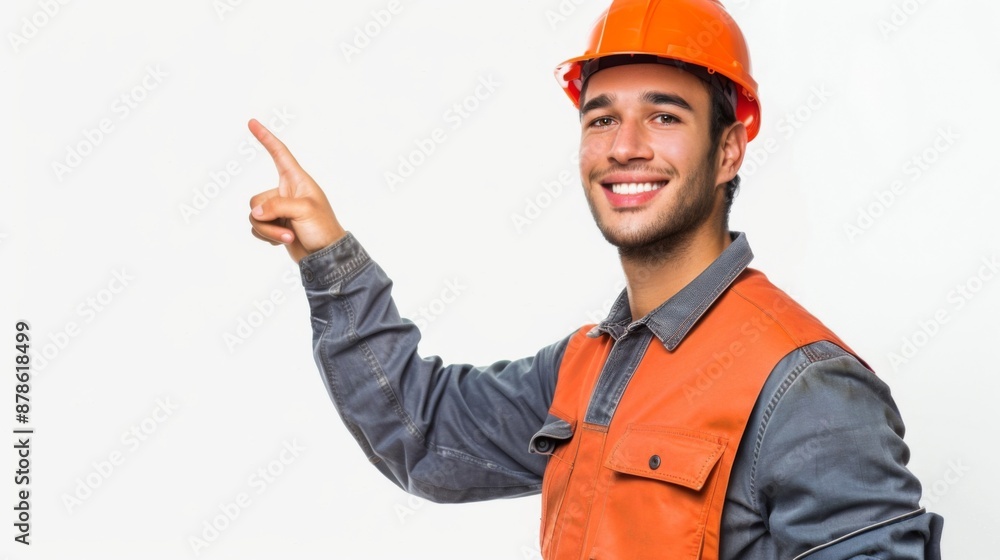 Young hispanic worker man isolated on white background pointing to the side Young hispanic worker man isolated on white background pointing to the side