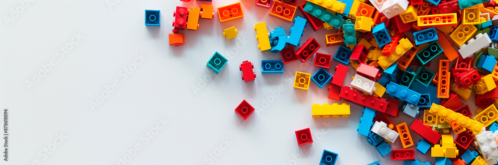 Obraz premium White background, white space in the center of picture. A pile of colorful blocks scattered all over the place. The bricks of different shapes and sizes to show diversity